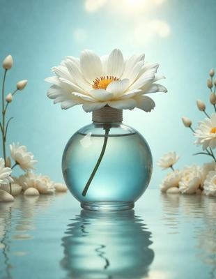 The primary subject of the image is a vase filled with white flowers, which is placed in a body of water. The setting is a serene and picturesque environment, with the vase and flowers as the main focus. The visual style is a realistic representation of the scene, capturing the beauty of the flowers and the water. The colors and mood of the image are predominantly white and calming, creating a peaceful and tranquil atmosphere.